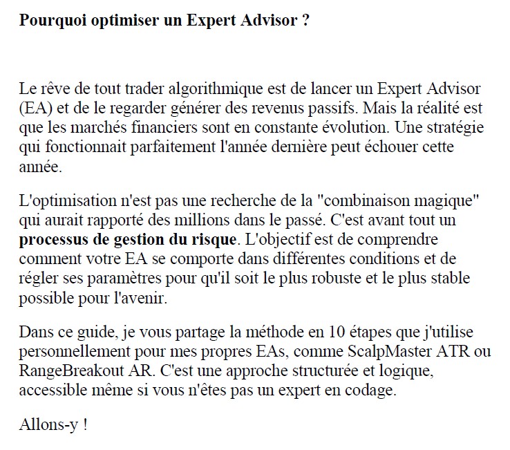 Exemple de page pour optimiser Expert Advisor MT5