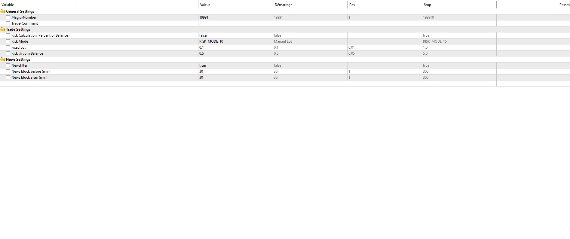 Parametres EXION Ai par defaut - General Settings, Trade Settings (Risk Mode 10, Fixed Lot 0.1), News Settings (Newsfilter actif 30 min avant/apres)