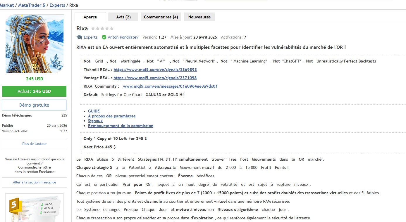 Rixa EA page produit MQL5 - 245 USD