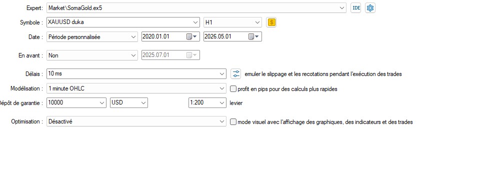 Configuration du backtest SomaGold sur MT5 XAUUSD 2020-2026