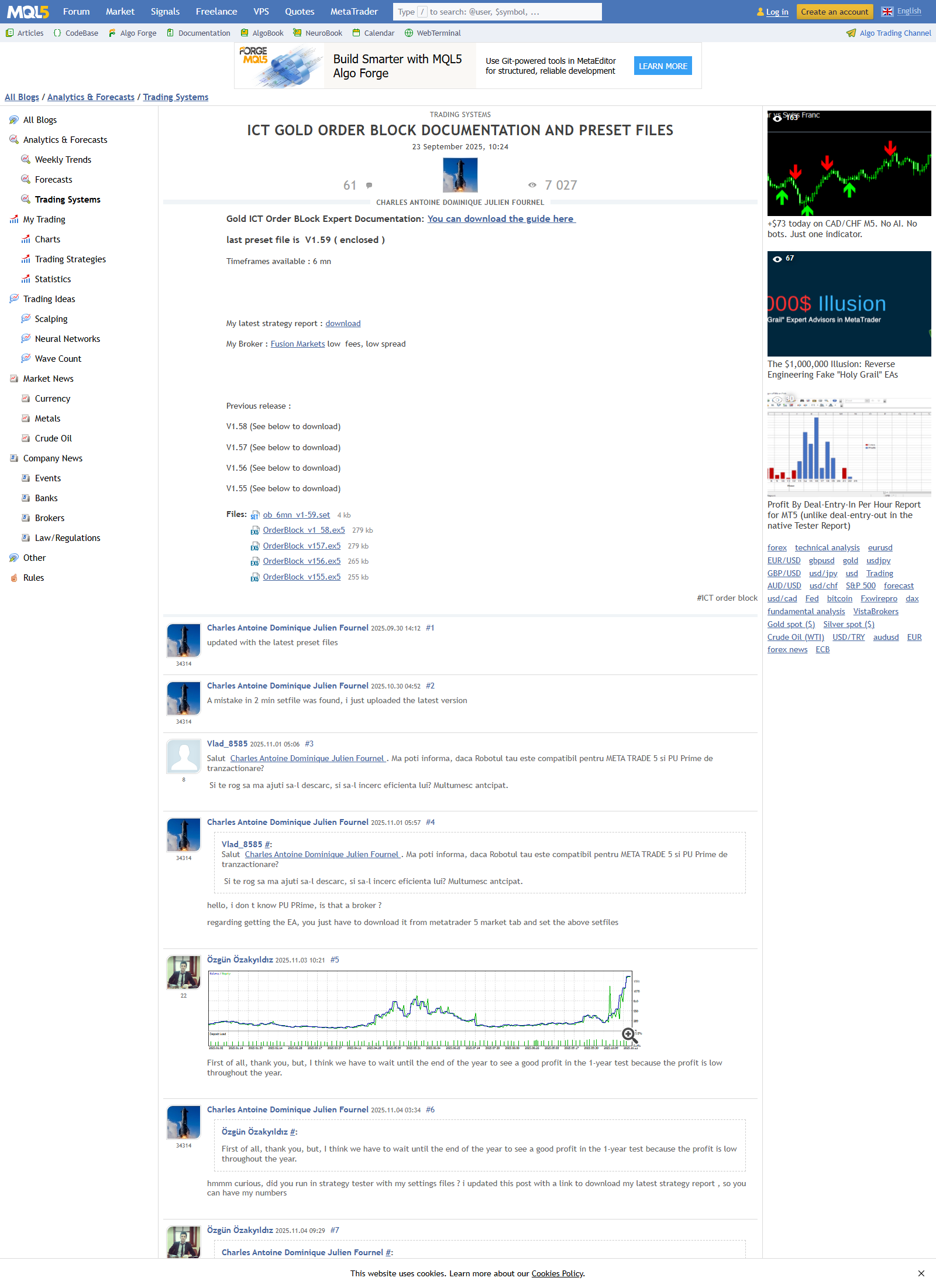 Article de blog MQL5 de l'auteur de Gold ICT OrderBlock Expert : fichier de reglages ob_6mn_v1-59.set en piece jointe