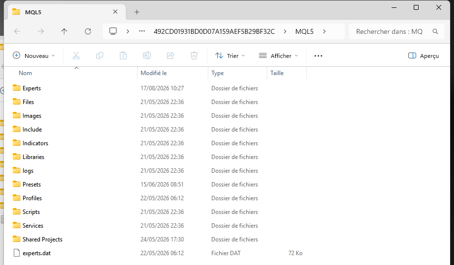 Contenu du dossier MQL5 de MetaTrader 5 : Experts, Indicators, Scripts, Presets, Include, Libraries, Files