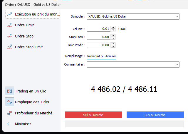 Fenêtre d'ordre de MetaTrader 5 sur XAUUSD : champs Symbole, Volume, Stop Loss, Take Profit et boutons Sell et Buy au Marché