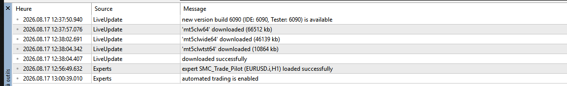 Onglet Journal de MT5 : la ligne expert loaded successfully et la ligne automated trading is enabled