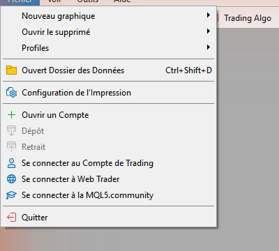 Menu Fichier de MetaTrader 5 : entrée Ouvrir le dossier des données, raccourci Ctrl+Maj+D