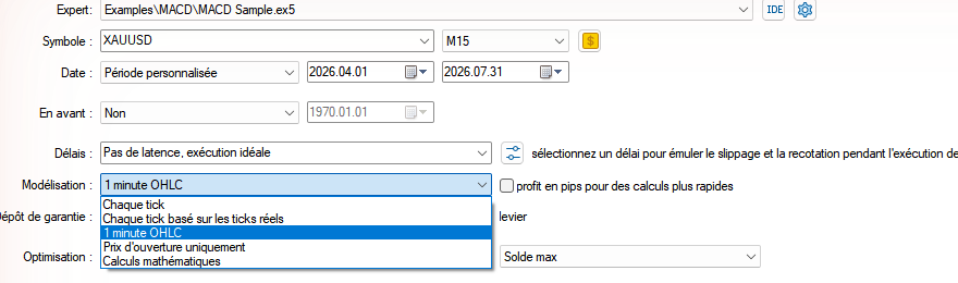 Modes de modelisation du Strategy Tester MT5 : liste deroulante avec ticks reels et 1 minute OHLC
