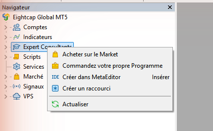 Clic droit sur Expert Consultants dans le Navigateur de MT5 : le menu contextuel propose Actualiser