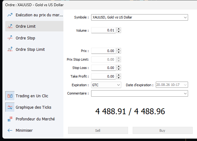 Fenêtre d'ordre MT5 en mode Ordre Limit : champs Prix, Prix Stop Limit, Stop Loss, Take Profit, Expiration GTC et date d'expiration