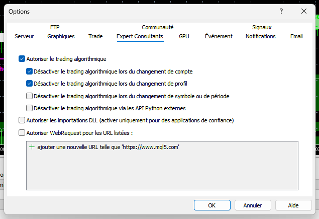 Fenêtre Options de MT5, onglet Expert Consultants : autorisations du trading algorithmique, importations DLL et WebRequest