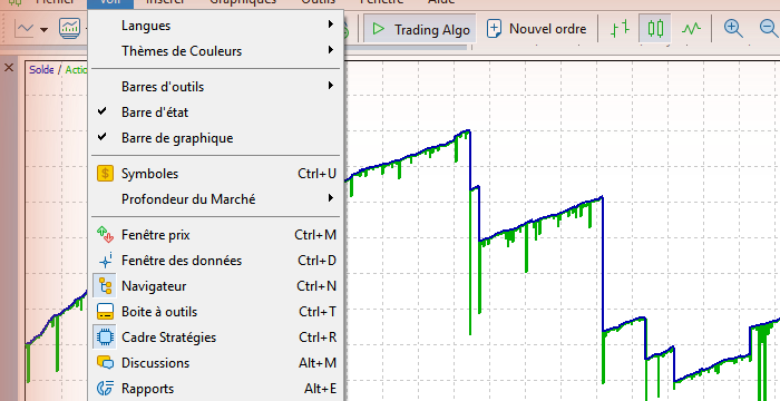 Ouvrir le Strategy Tester MT5 : menu Voir, ligne Cadre Strategies, raccourci Ctrl+R