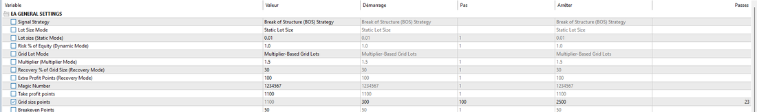 Optimisation MetaTrader 5 : la case cochée sur Grid size points et les colonnes Démarrage, Pas, Arrêter