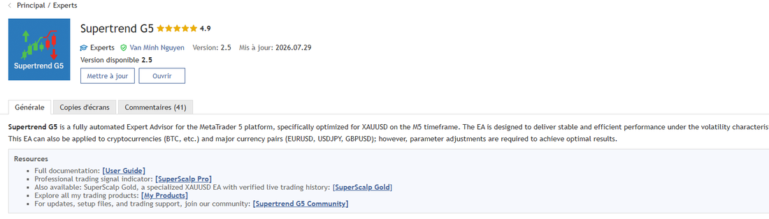 Fiche MQL5 de Supertrend G5 : version 2.5, note 4,9 sur 5 et 41 avis