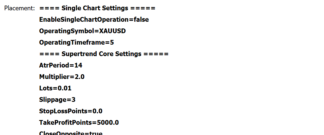 Paramètres d'usine de Supertrend G5 version 2.5 dans le rapport de backtest MT5