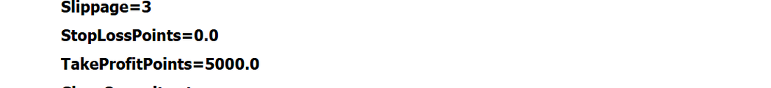 StopLossPoints égal 0.0 et TakeProfitPoints égal 5000.0 dans le rapport de backtest MT5