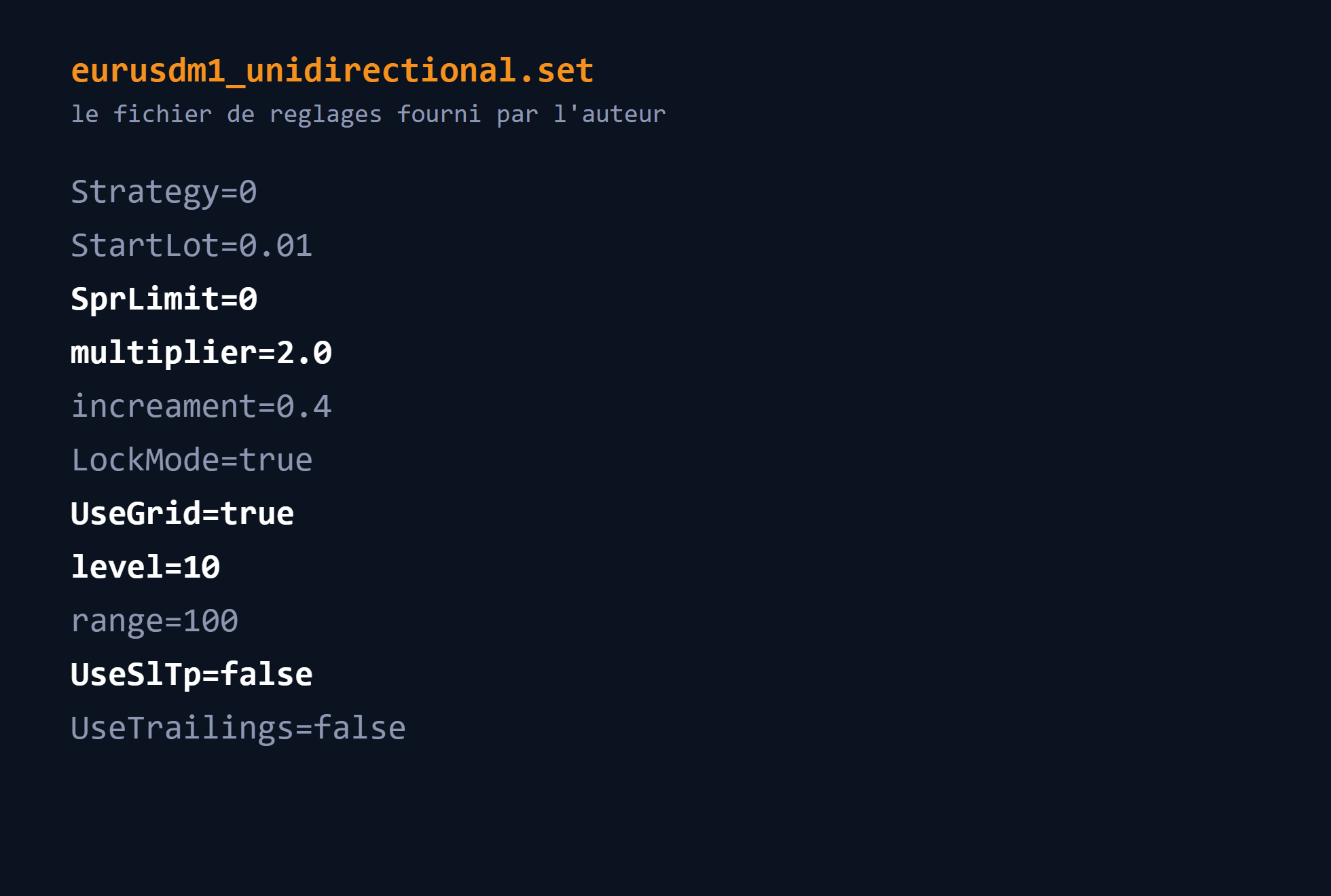 Contenu du preset officiel eurusdm1_unidirectional.set de Trend Catcher EA Pro MT5 : level 10, multiplier 2.0, UseSlTp false, SprLimit 0