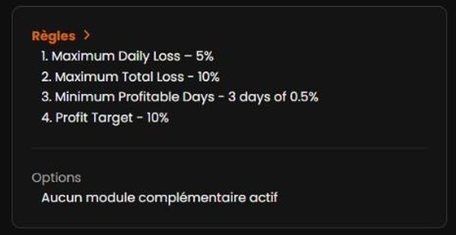 Cadre Règles du tableau de bord Hantec Trader : perte du jour 5 %, perte totale 10 %, 3 jours à 0,5 %, objectif 10 %