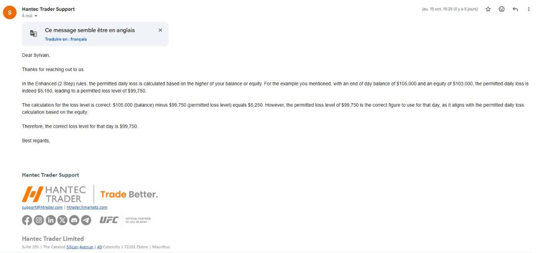 Réponse du support Hantec Trader au ticket 17872 : niveau de perte du jour confirmé à 99 750 dollars