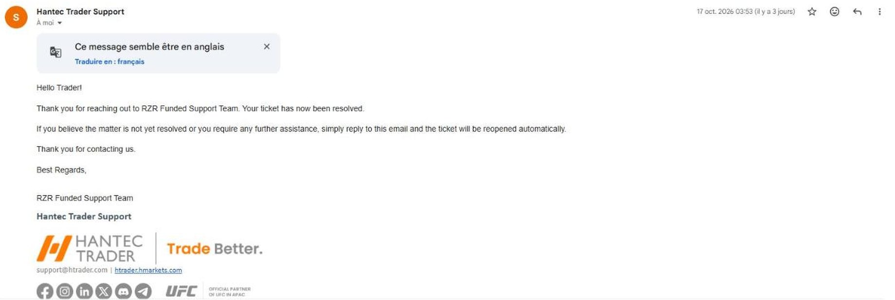Mail de clôture du ticket du 17 octobre 2026, déjà signé RZR Funded Support Team
